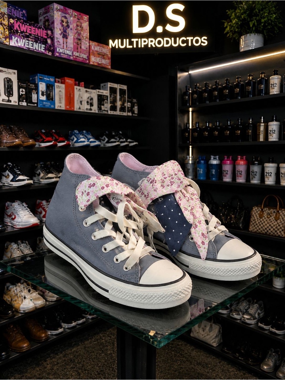 Converse Women's Gray High-Top Canvas Sneakers with Pink Floral and Navy Ribbon